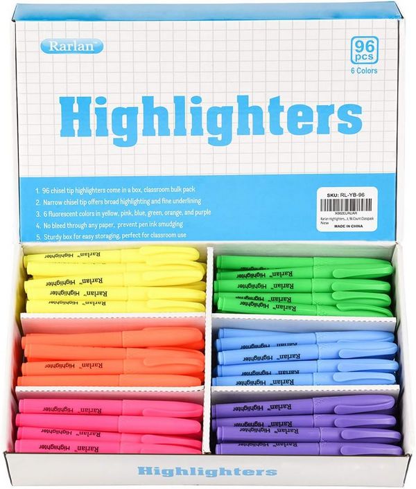 RarLan chisel tip fluorescent highlighters assorted colors 96 count